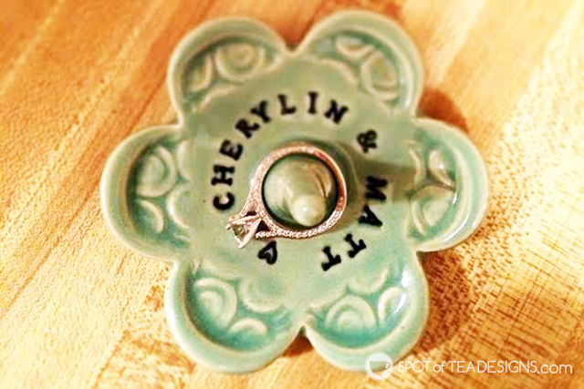 Custom ring holder for bride to be. Great for #bridalshower #engagment party gift! | spotofteadesigns.com