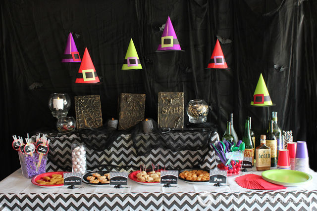 Hocus Pocus Halloween party theme. Turn party hats into floating witch hats! #halloween #party #hocuspocus | spotofteadesigns.com